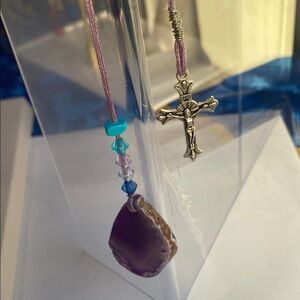 Purple Agate Pendant bookmark with Cross Charm
